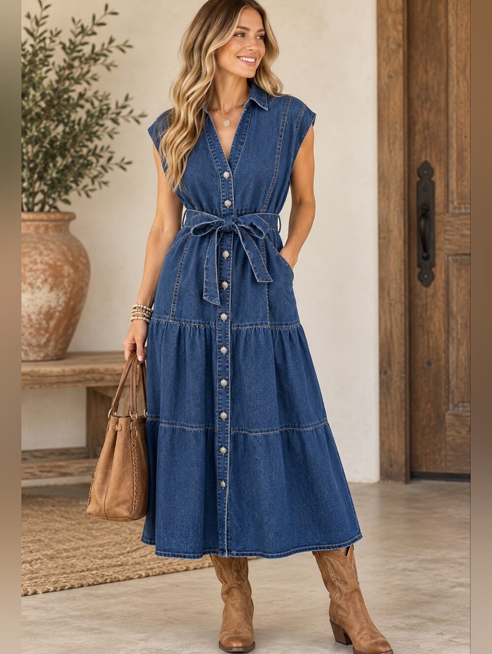Lucky & Blessed XL Denim Western Button Front Tiered Midi Dress